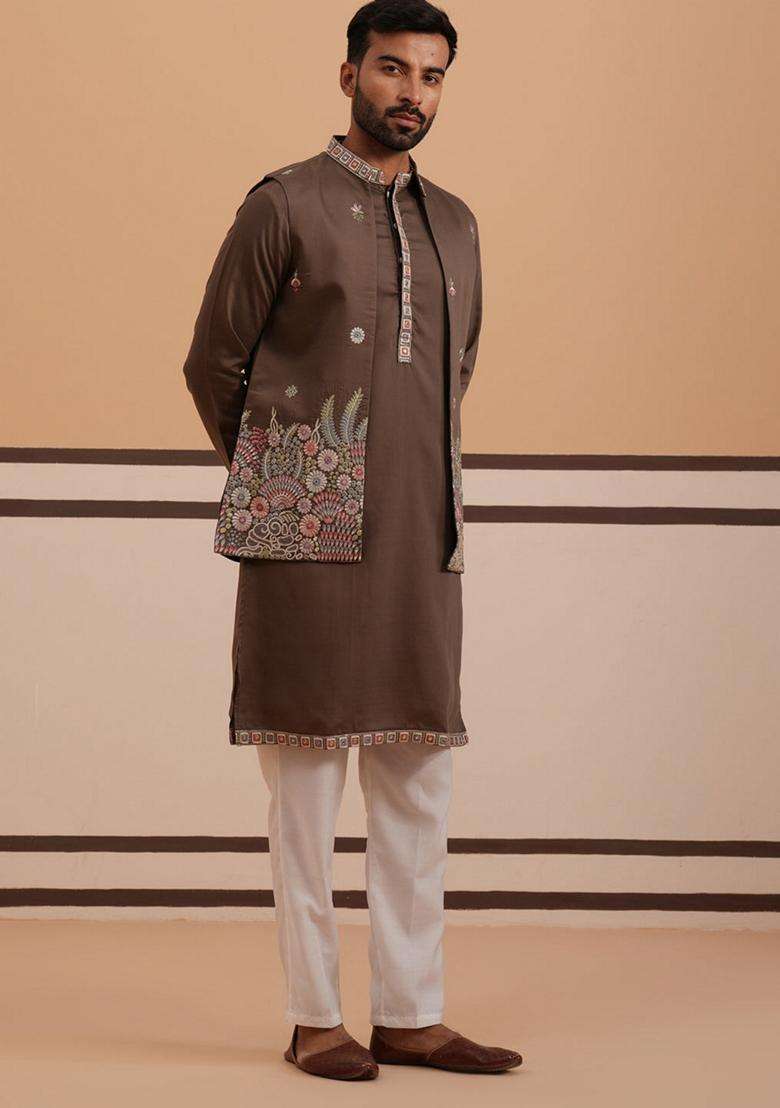 Brown Embroidery Silk Blend Nehru Jacket Kurta Set For Men - Indya