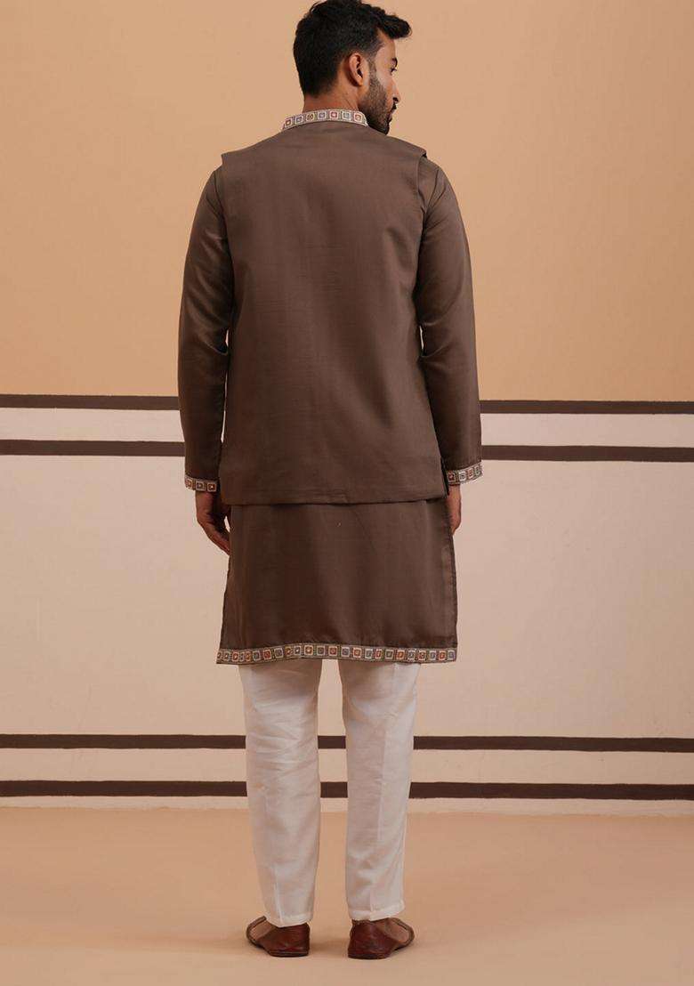 Brown Embroidery Silk Blend Nehru Jacket Kurta Set For Men - Indya