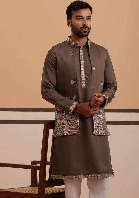 Brown Embroidery Silk Nehru Jacket Kurta Set For Men