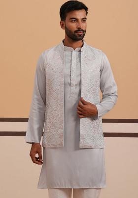 Blue Embroidery Silk Blend Nehru Jacket Kurta Set For Men