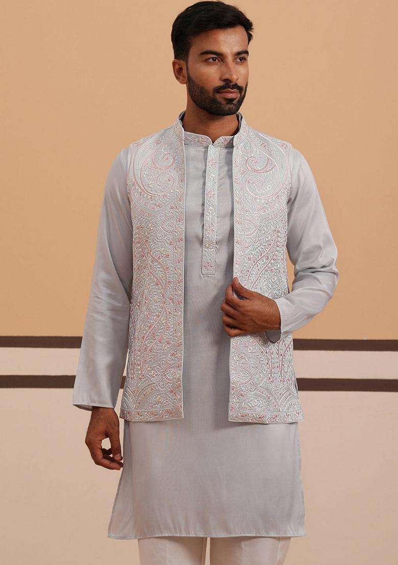Blue Embroidery Silk Blend Nehru Jacket Kurta Set For Men - Indya