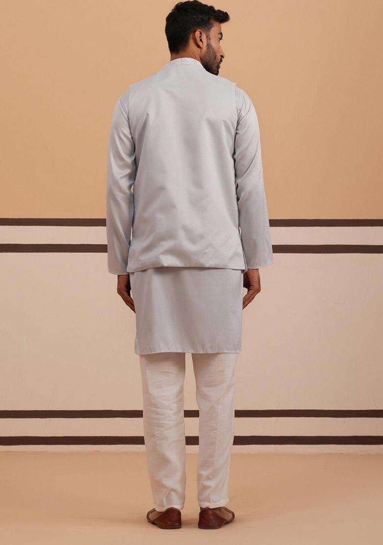 Blue Embroidery Silk Blend Nehru Jacket Kurta Set For Men - Indya