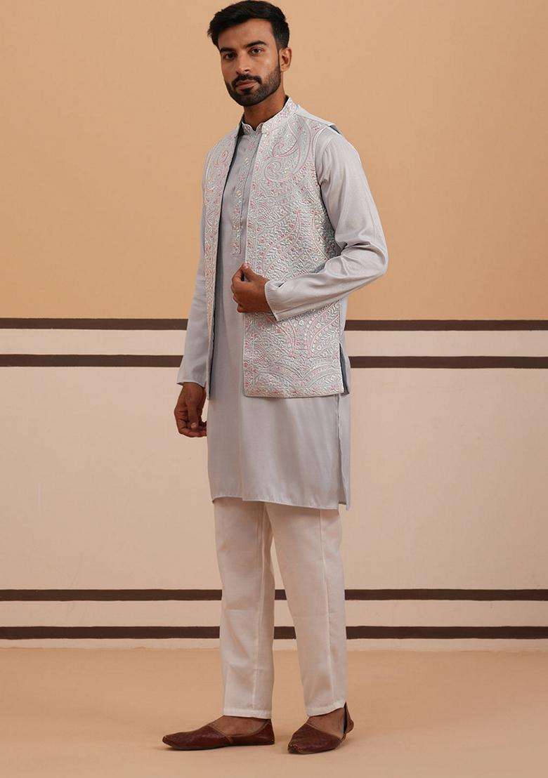 Blue Embroidery Silk Blend Nehru Jacket Kurta Set For Men - Indya
