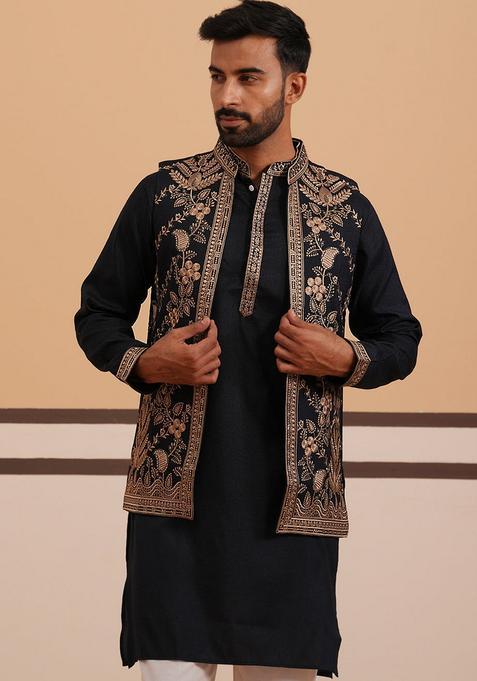 Black Embroidery Silk Nehru Jacket Kurta Set For Men