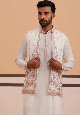 White Embroidery Silk Blend Nehru Jacket Kurta Set For Men