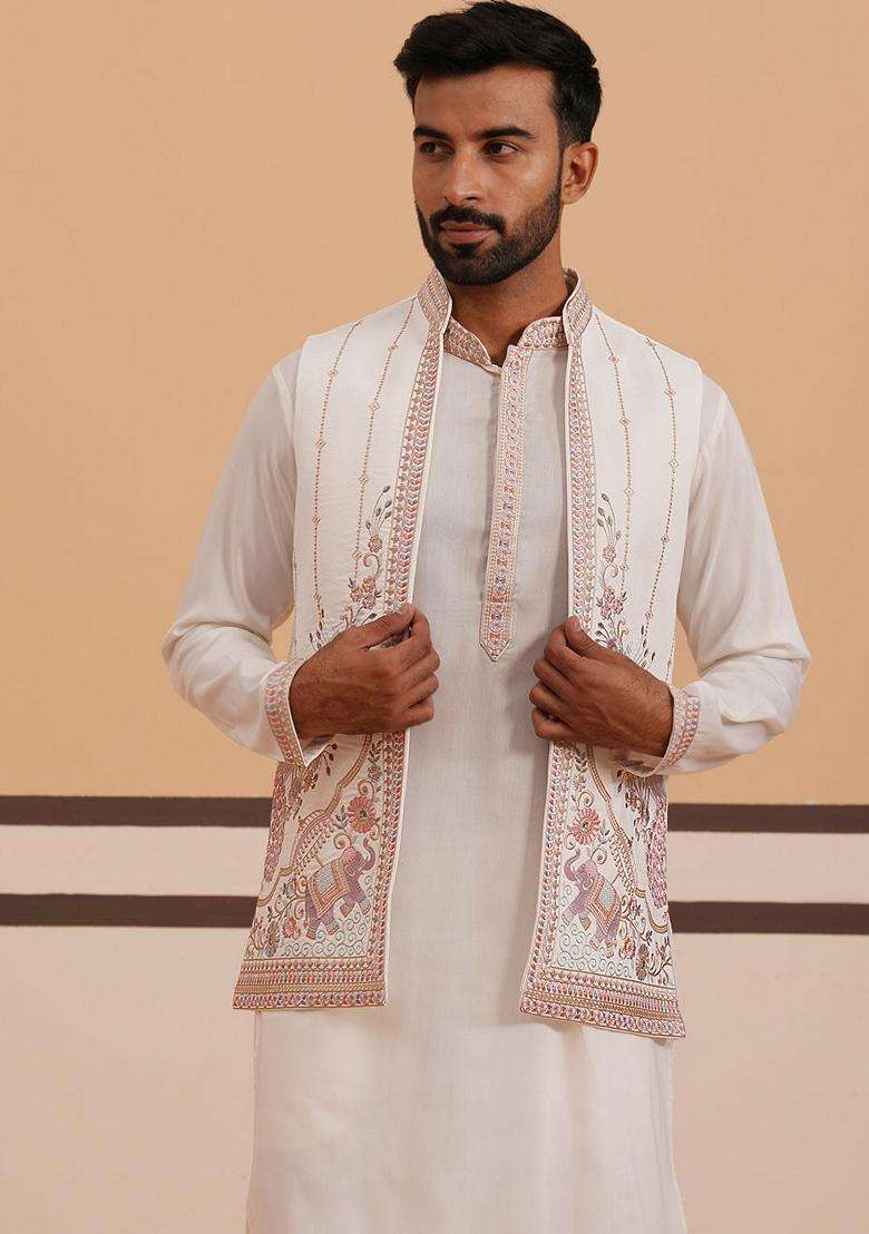 White Embroidery Silk Blend Nehru Jacket Kurta Set For Men - Indya