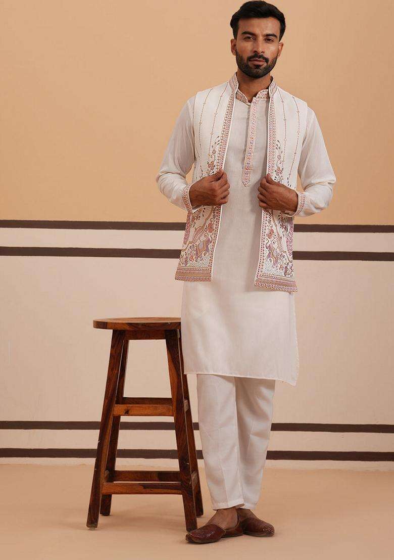 White Embroidery Silk Blend Nehru Jacket Kurta Set For Men - Indya