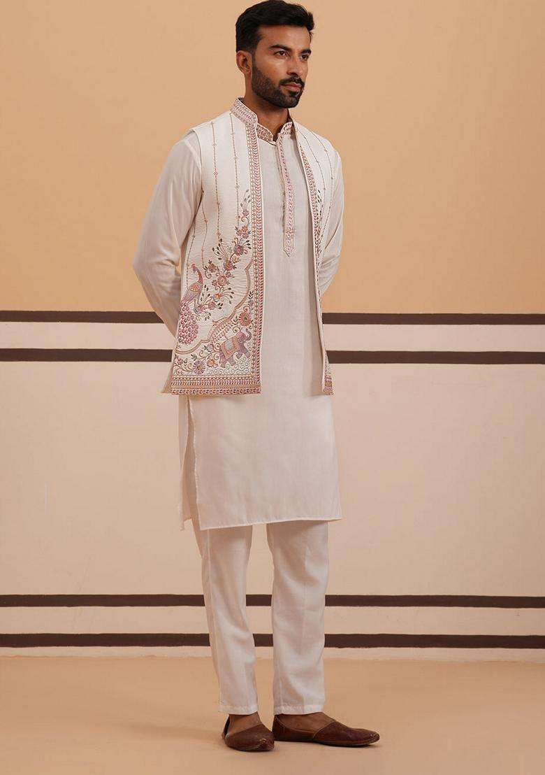 White Embroidery Silk Blend Nehru Jacket Kurta Set For Men - Indya