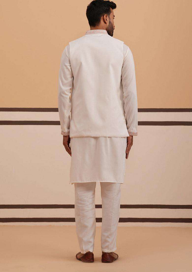 White Embroidery Silk Blend Nehru Jacket Kurta Set For Men - Indya