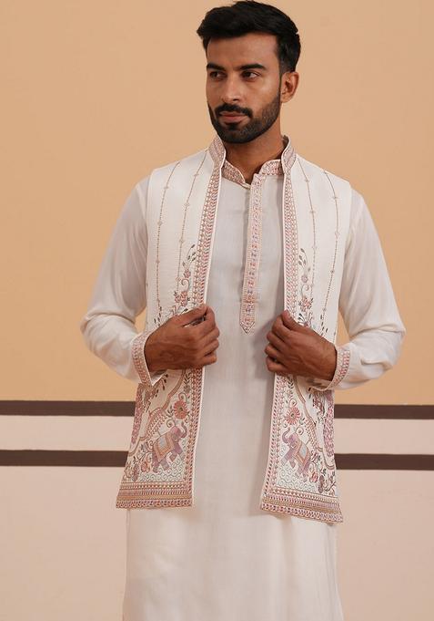 White Embroidery Silk Nehru Jacket Kurta Set For Men