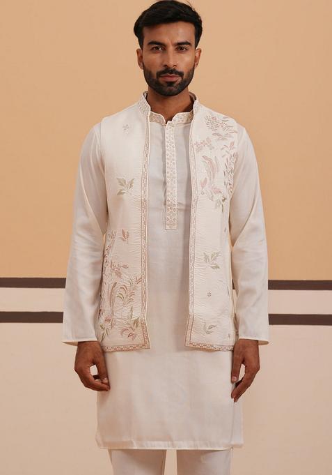 White Embroidery Silk Nehru Jacket Kurta Set For Men