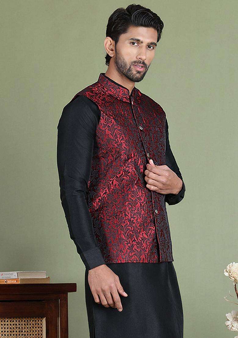 Maroon Woven Design Silk Blend Waistcoat Nehru Jacket For Men - Indya