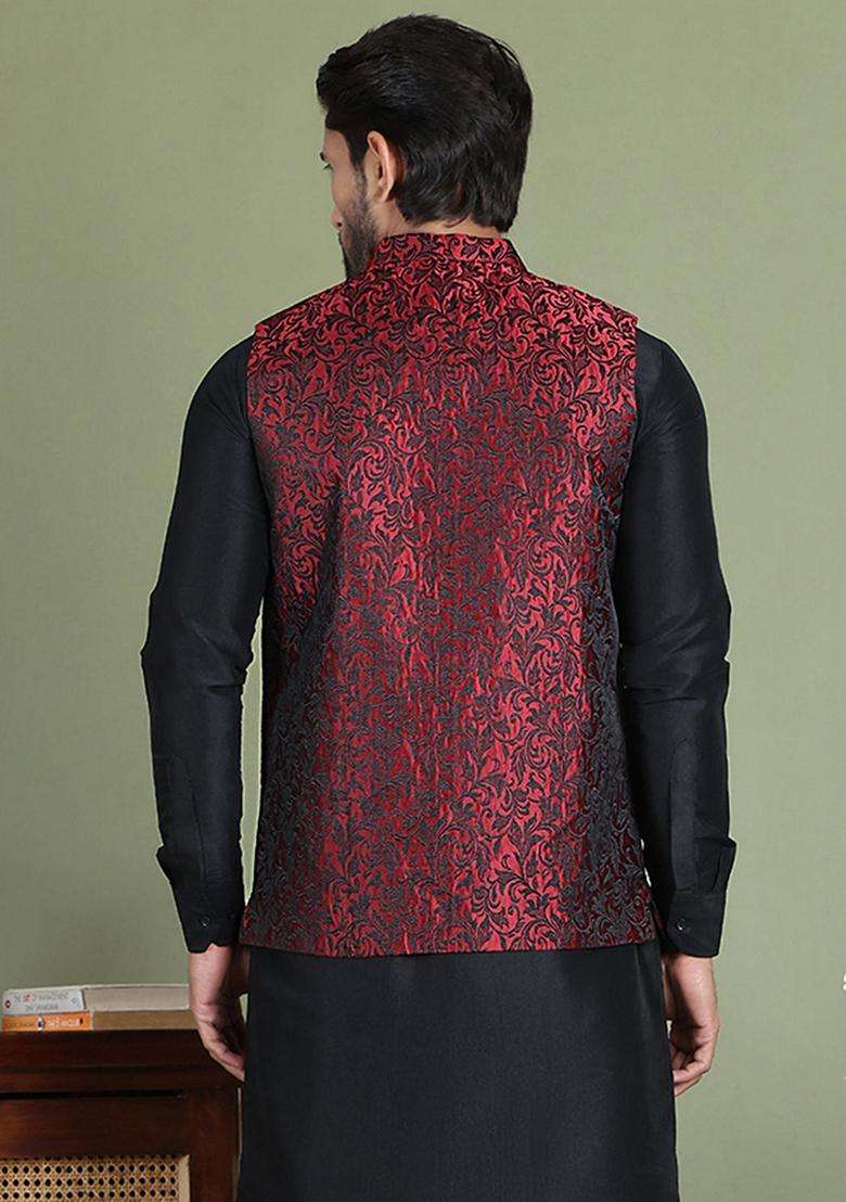 Maroon Woven Design Silk Blend Waistcoat Nehru Jacket For Men - Indya