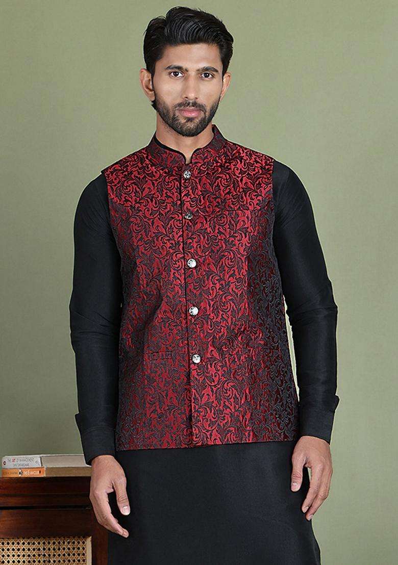 Maroon Woven Design Silk Blend Waistcoat Nehru Jacket For Men - Indya