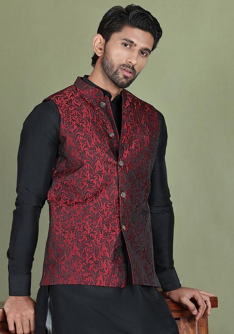 Maroon Woven Design Silk Waistcoat Nehru Jacket For Men