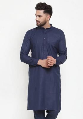 Navy Blue Solid Cotton Kurta For Men