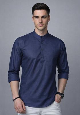 Navy Blue Checked Cotton Kurta For Men