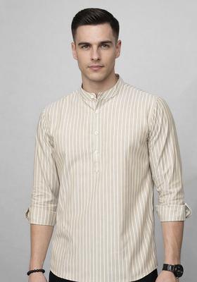Beige Striped Cotton Kurta For Men