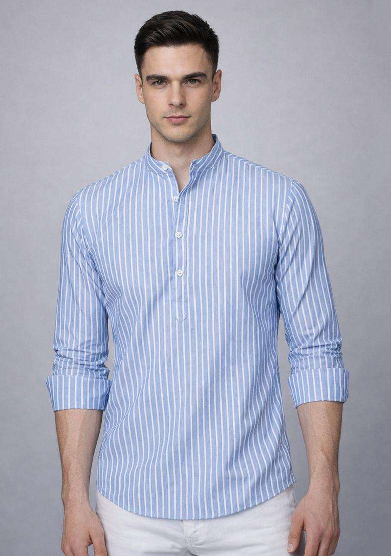Blue Striped Cotton Kurta For Men - Indya