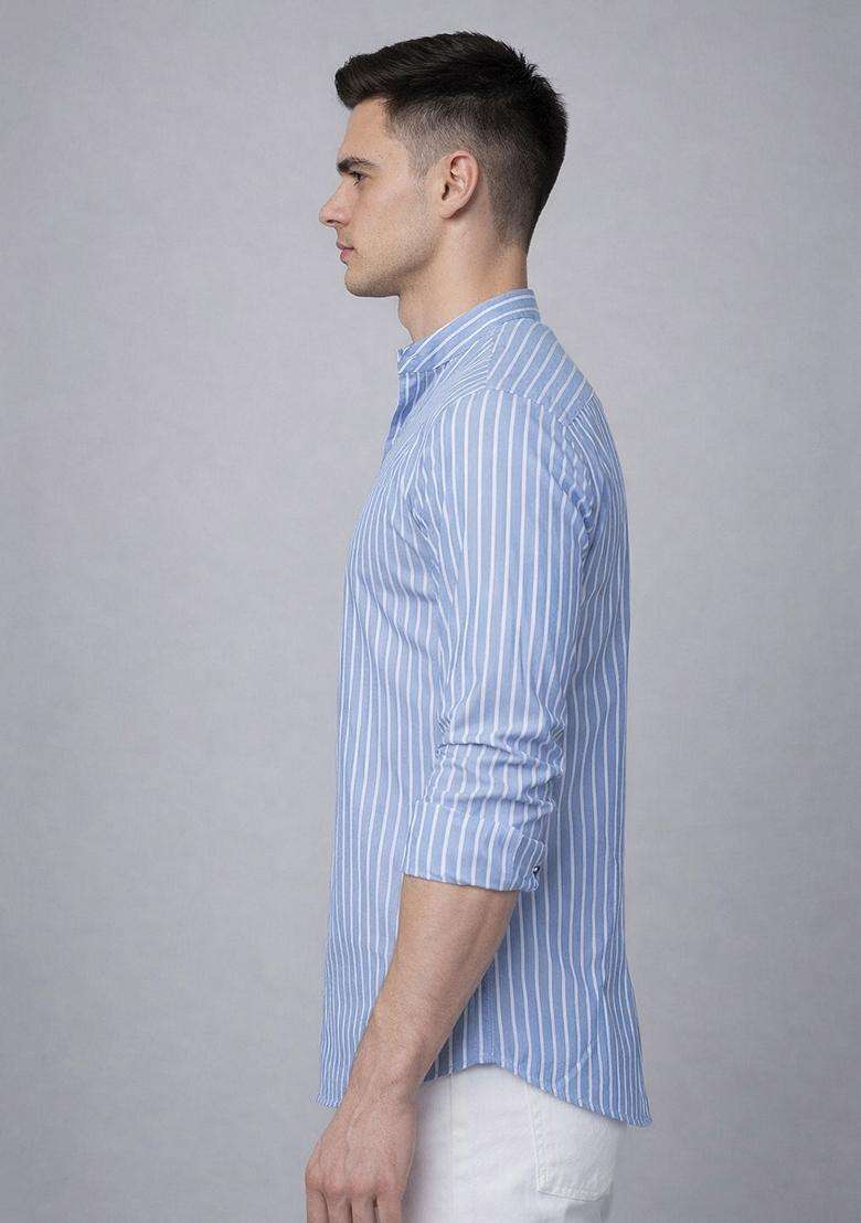 Blue Striped Cotton Kurta For Men - Indya