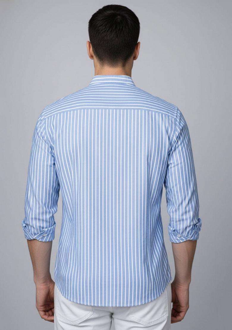 Blue Striped Cotton Kurta For Men - Indya