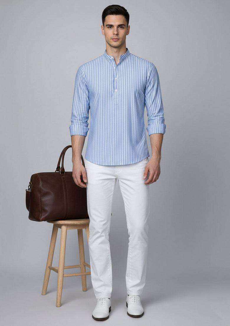 Blue Striped Cotton Kurta For Men - Indya