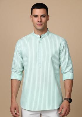 Green Striped Cotton Kurta For Men