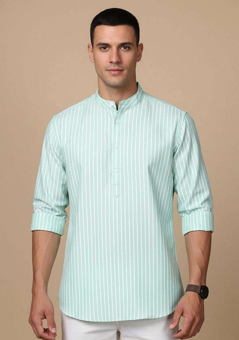 Green Striped Cotton Kurta For Men - Indya