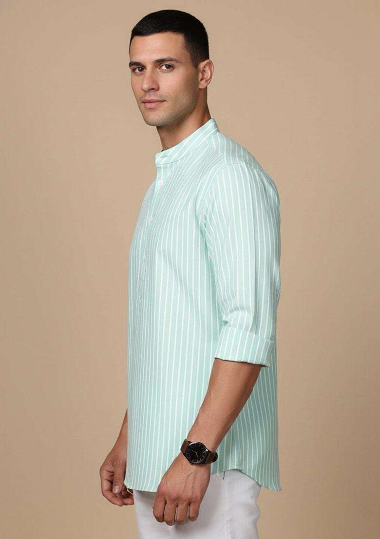 Green Striped Cotton Kurta For Men - Indya