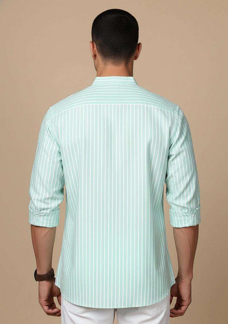 Green Striped Cotton Kurta For Men - Indya