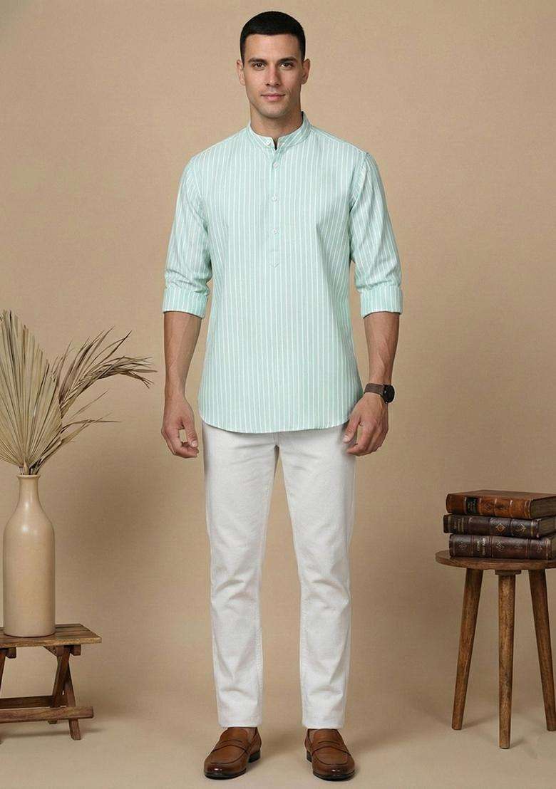 Green Striped Cotton Kurta For Men - Indya