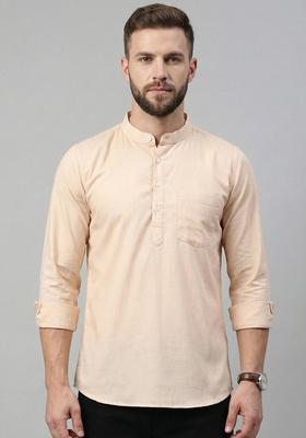 Peach Solid Cotton Kurta For Men