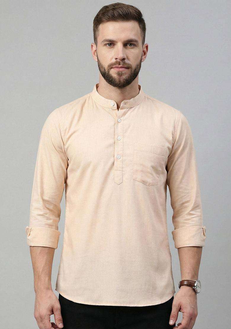 Peach Solid Cotton Kurta For Men - Indya