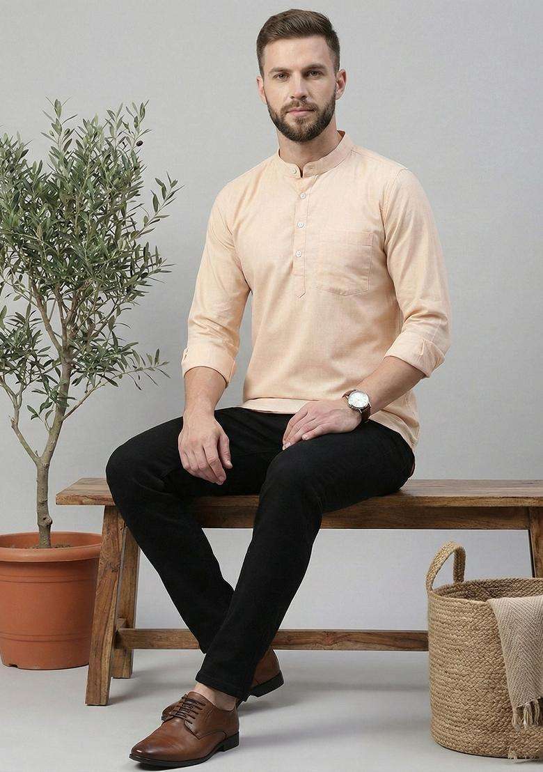 Peach Solid Cotton Kurta For Men - Indya