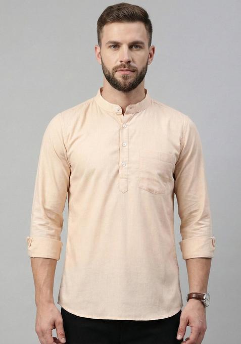 Peach Solid Cotton Kurta For Men