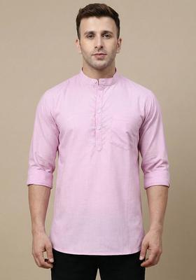 Pink Solid Cotton Kurta For Men