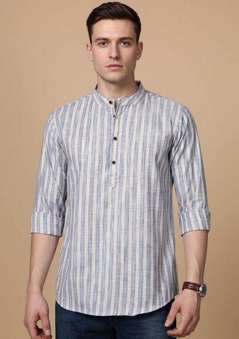 Blue Striped Cotton Kurta For Men - Indya