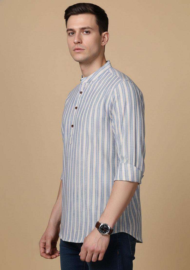 Blue Striped Cotton Kurta For Men - Indya