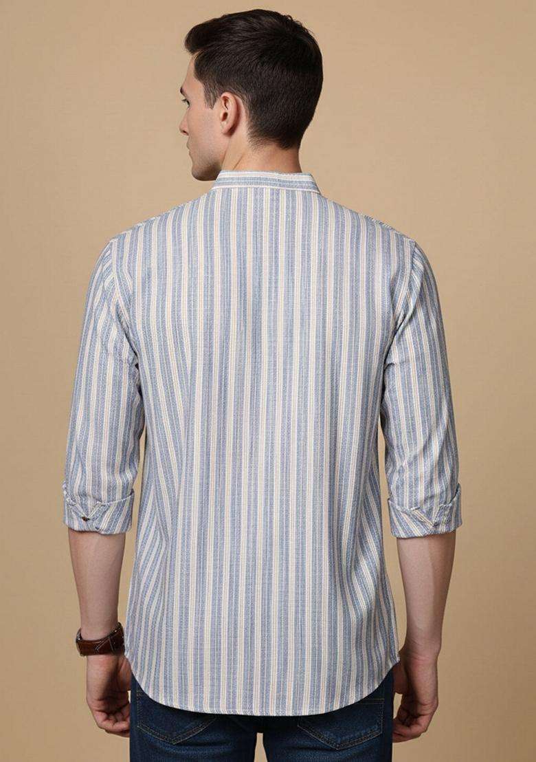 Blue Striped Cotton Kurta For Men - Indya