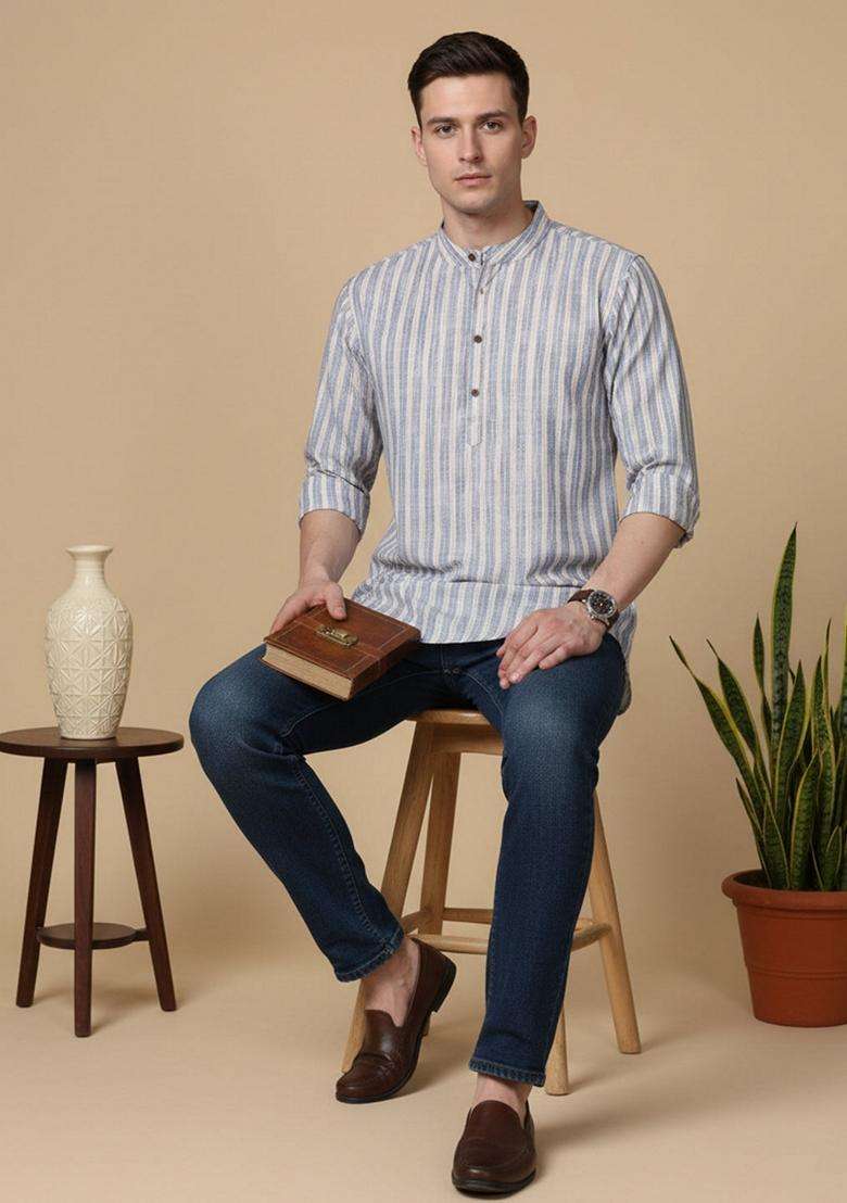Blue Striped Cotton Kurta For Men - Indya
