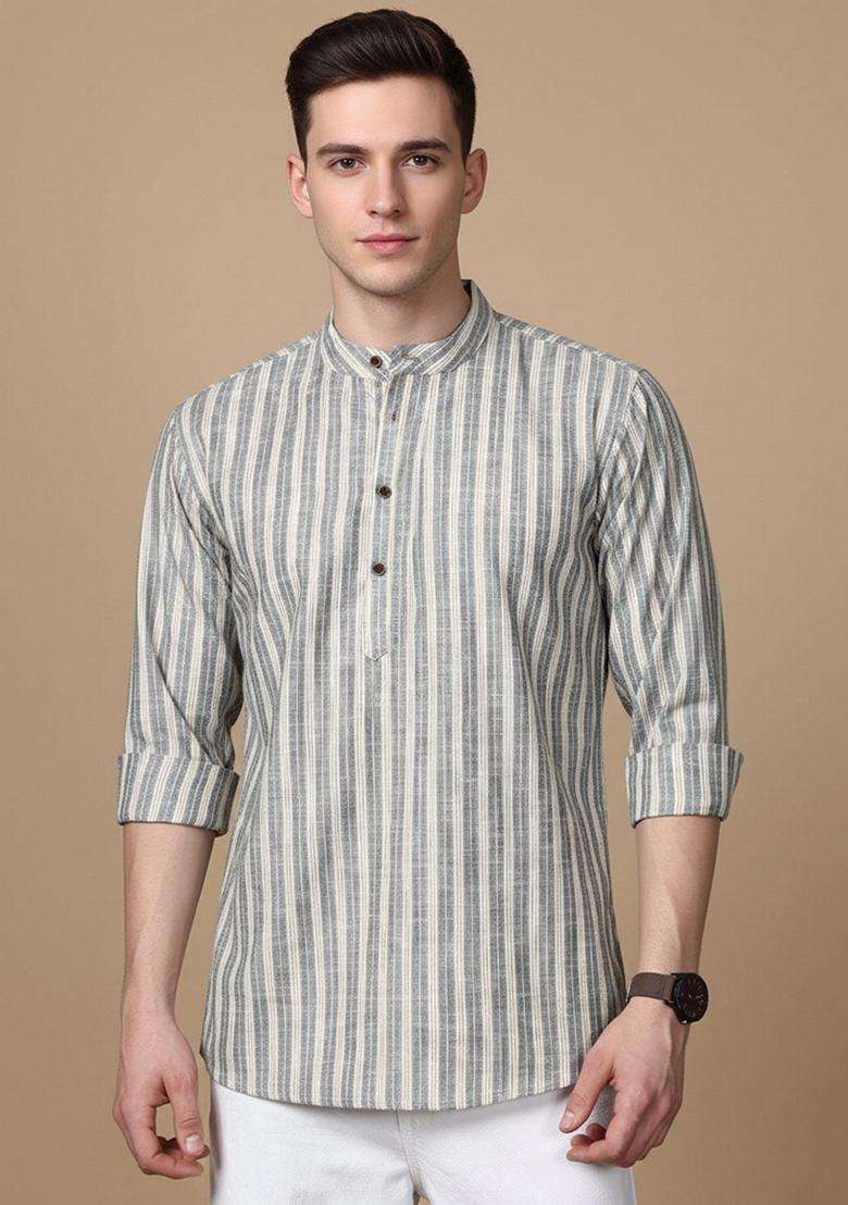 Grey Striped Cotton Kurta For Men - Indya