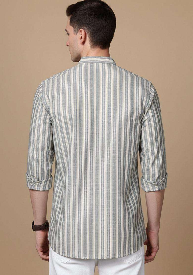 Grey Striped Cotton Kurta For Men - Indya