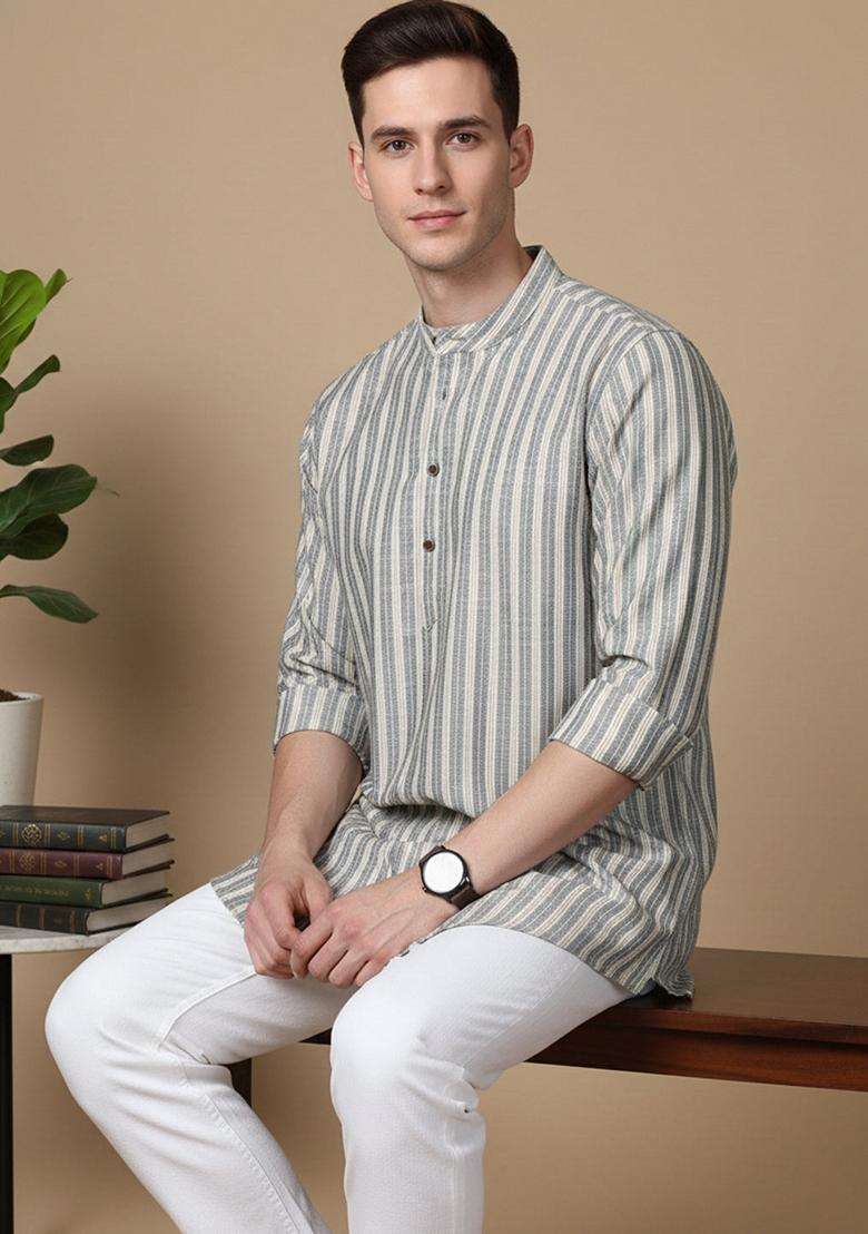 Grey Striped Cotton Kurta For Men - Indya