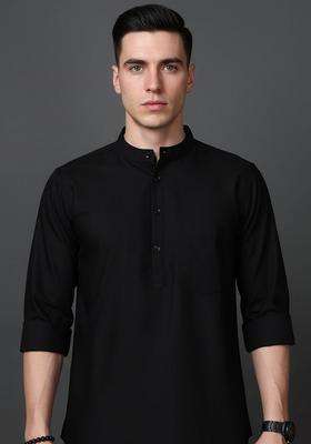 Black Solid Cotton Kurta For Men