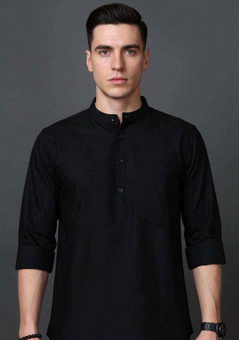Black Solid Cotton Kurta For Men - Indya