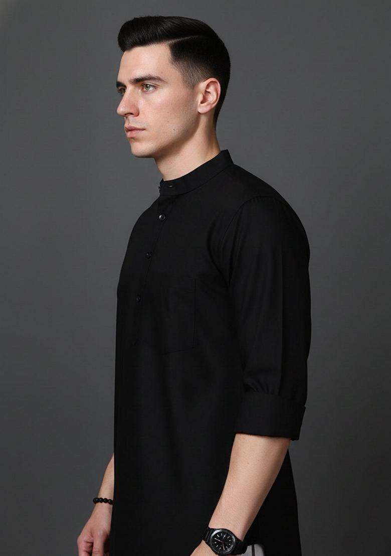 Black Solid Cotton Kurta For Men - Indya