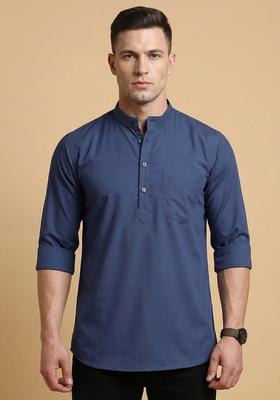 Blue Solid Cotton Kurta For Men