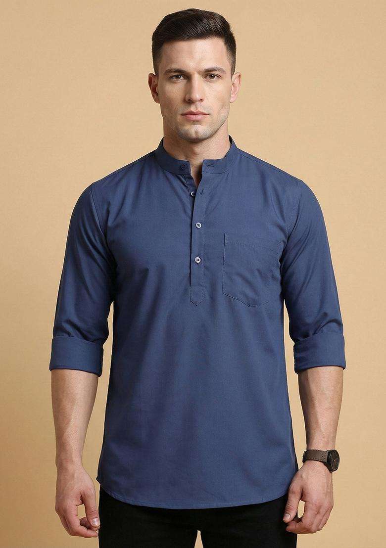 Blue Solid Cotton Kurta For Men - Indya