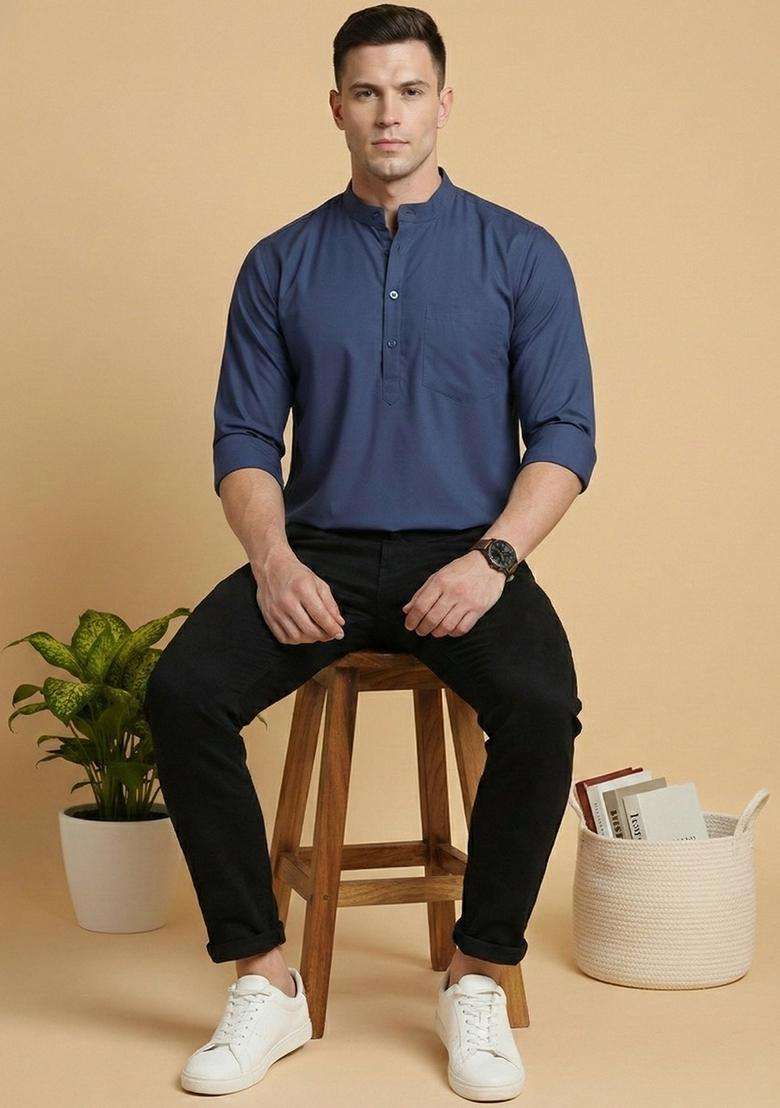 Blue Solid Cotton Kurta For Men - Indya