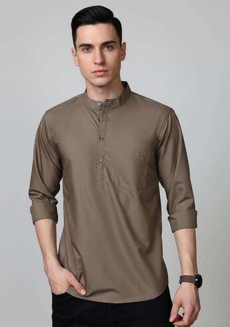 Brown Solid Cotton Kurta For Men - Indya